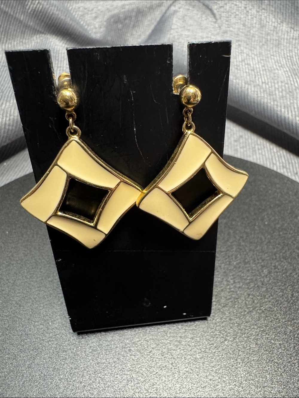 VGT Trifari Gold-Tone and Black Enamel Geometric Drop Earrings